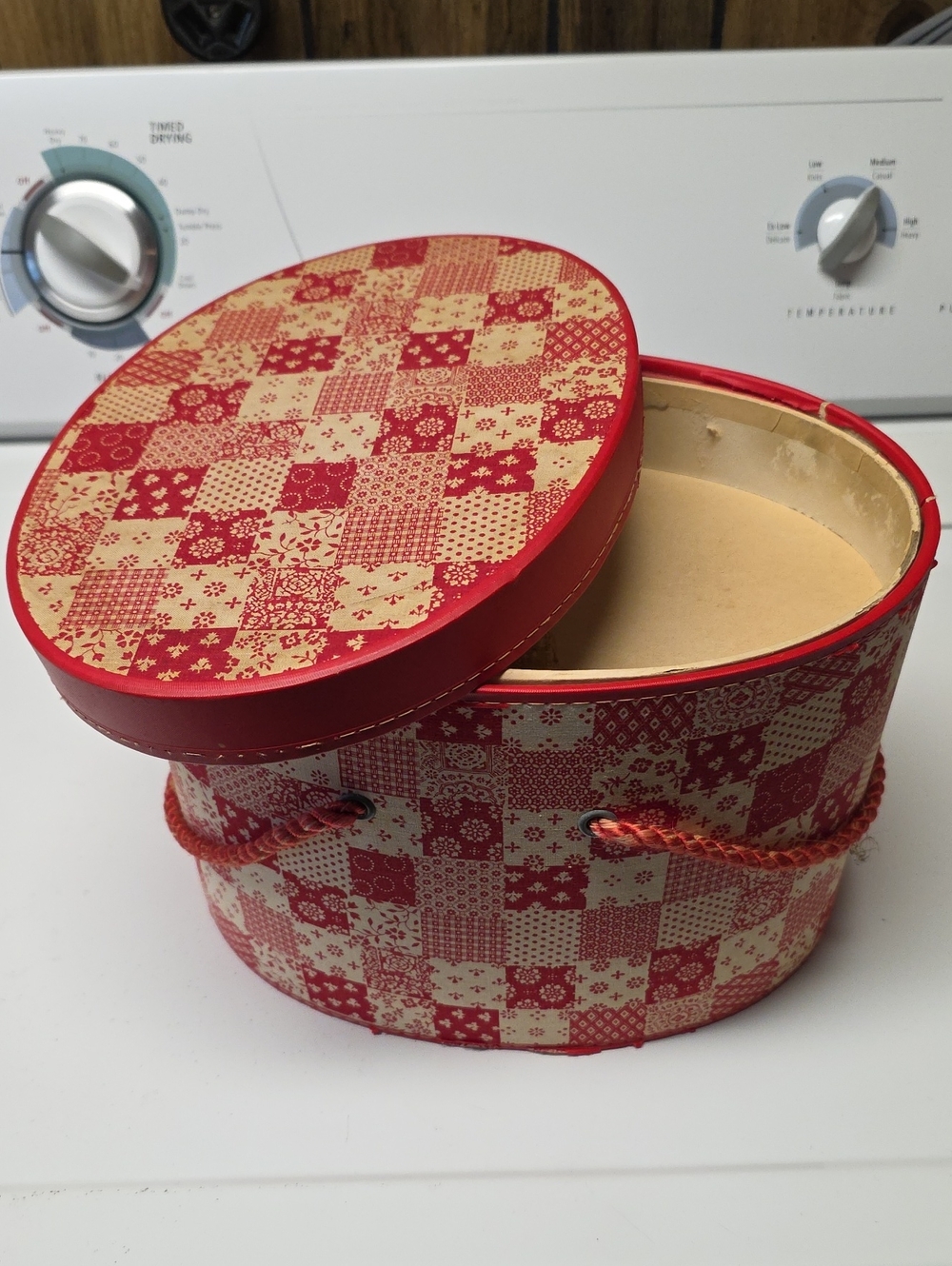 VINTAGE 50'S Large Sewing Container, Box, Storage Red Patchwork with Rope Handle
